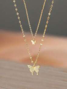 1pcs Double-Layered Gold-Tone Butterfly Necklace With Rhinestones, Alloy Material, Perfect Gift For Girlfriend - Gold - View 1