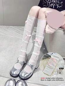 1雙春夏薄款性感女式素色時尚半透明網襪，粉色/藍色，慵懶風女孩腿襪/防紫外線捲邊芭蕾風網格大腿襪，蝴蝶結裝飾過膝襪，適合度假、派對及日常街頭穿搭 - 彩色 - 查看 11