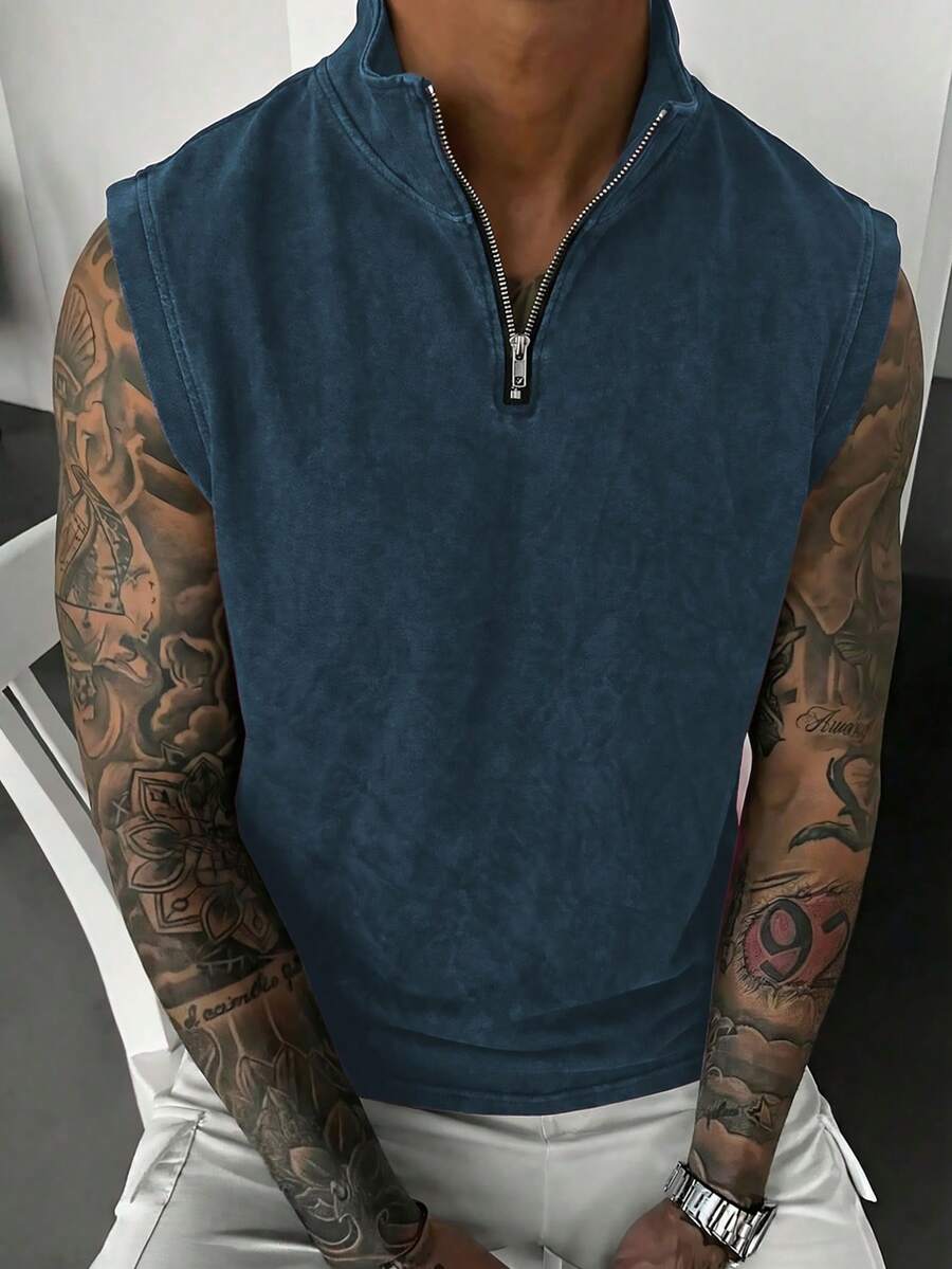 Simple Retro Washed Half-Zip Vest For Men, Summer - Navy Blue - View 1