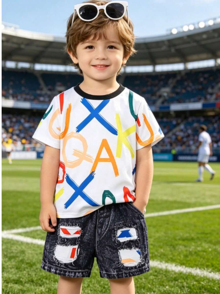2pcs/Set Young Boys' Casual Cute Colorful Letter Print Crew Neck Short Sleeve T-Shirt Top And Faux Denim Ripped Shorts Outfit, Summer - Black - View 1