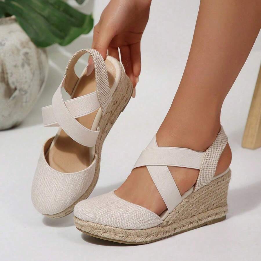 Women's Closed Toe Espadrille Wedge Sandals, Crisscross Elastic Ankle Strap Platform Sandals Comfortable Summer Shoes - 米色 - 查看 1