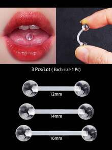 Set de 3 piezas (1 pieza de cada tamaño) Barra de barbell transparente y suave de acrílico invisible para perforación de lengua, frenillo y web de lengua - uña de lengua - Ver 9