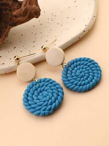 1 Pair Handmade Woven Wooden Earrings, Vintage Textured Earrings, Versatile Accessory For Commuting, Vacation, Countryside Outing, Artisan Market, Daily Wear, Retro/Boho/Nature Style - Blue - View 5