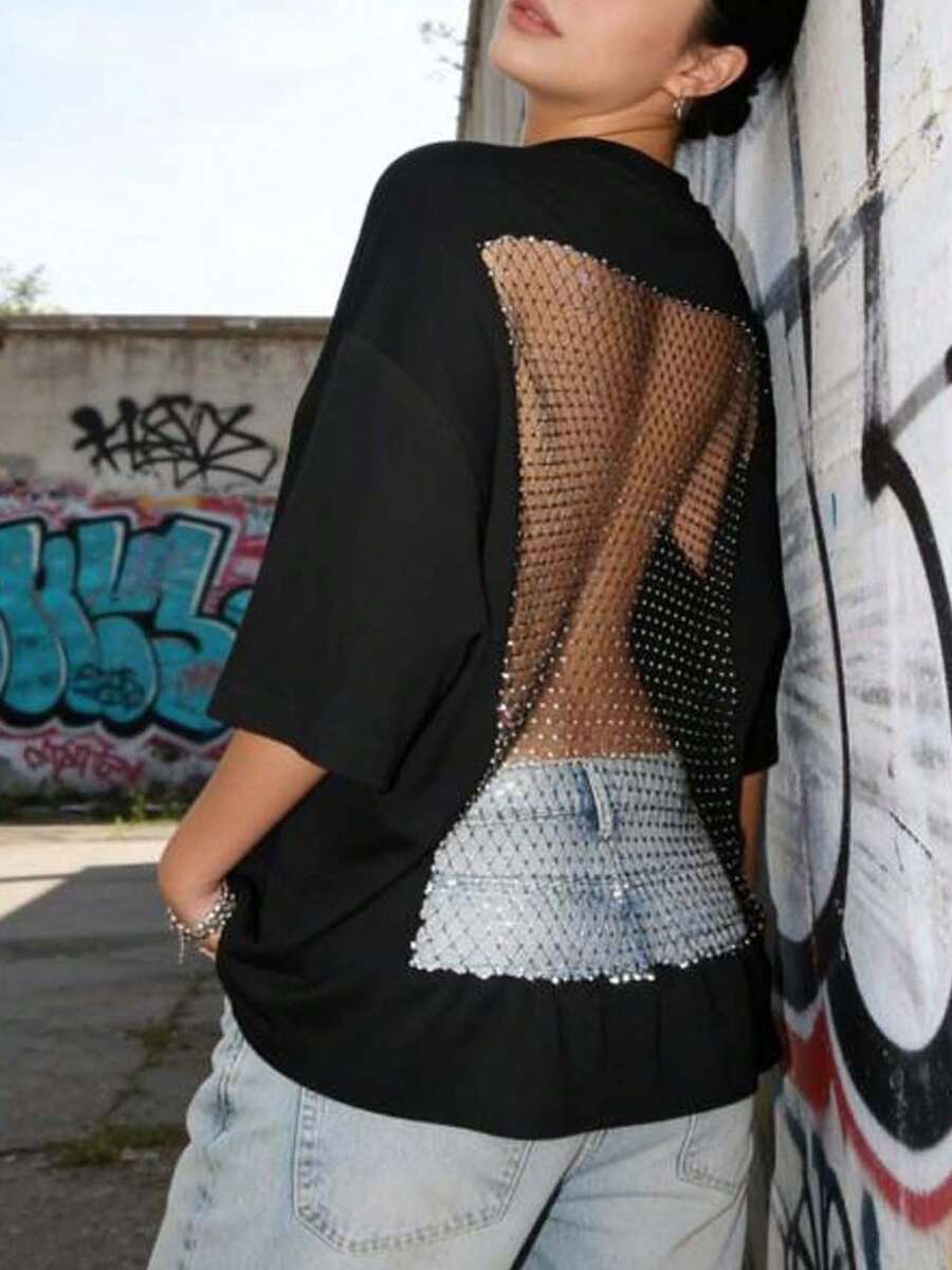 Popular Women's Rhinestone Fishnet Cutout Tee - Oversize White Casual Party Top - màu đen - Xem 1