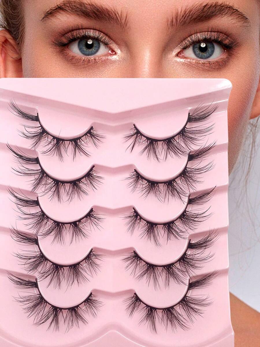 ENCHUW 5 Pairs 3D Fake Eyelashes Natural Lashes Natural Look Short False Eyelashes Pack Reusable False Lashes Soft Wispy Lashes Fluffy Eye Lashes - Black - View 1