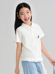 Balabala 2026 女孩夏季 Polo 衫，柔軟棉質短袖上衣，透氣輕量面料，甜美學院風 - 本白 - 查看 2