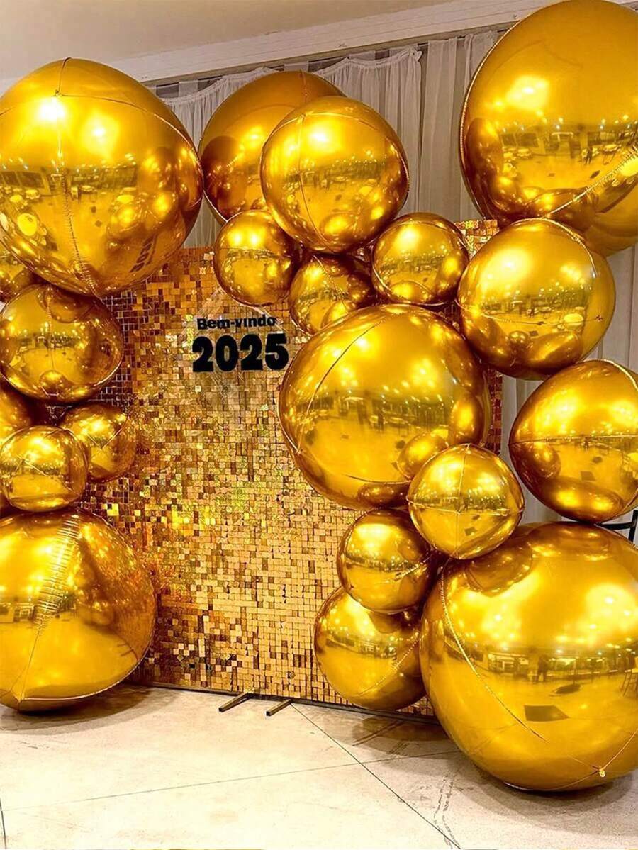 7个金色圆形铝箔气球(32英寸1个,22英寸3个,10英寸3个),适用于婚礼、生日、情人节、周年纪念日、母亲节、父亲节、毕业派对装饰,4D球形气球 - 金色 - 查看 1
