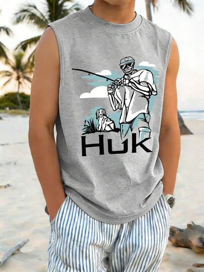 Camiseta de tirantes de estilo callejero para niños, camiseta de tirantes holgada con estampado de calavera de pescador, camiseta casual cómoda para volver a la escuela y relajarse en verano