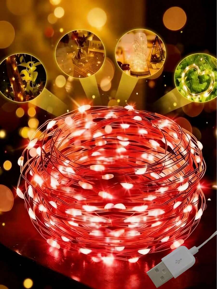 1 包红色 5V USB LED 灯串 | 柔性铜线 | 2-10 米 | 即插即用 | 低电压 | 适用于圣诞节、情人节、卧室、派对和婚礼装饰 - 紅光 - 查看 1