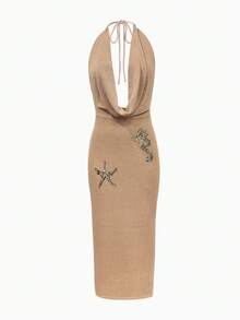 Đầm maxi dệt kim cổ chữ V xẻ sâu thanh lịch dành cho nữ, đầm mùa hè, trang phục đi nghỉ mát cho nữ, đầm đi biển, trang phục du lịch cho nữ, trang phục đi biển, trang phục nghỉ hè, đầm kaki, đầm đính sequin, đầm họa tiết sao biển và cá ngựa, đầm dự tiệc thanh lịch - Lạc đà - Xem 7