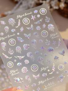 1张5D法式浪漫公主风美甲贴纸，粉色紫色水母海星贝壳美人鱼图案，自粘美甲贴纸，美甲贴花 - 彩色 - 查看 7