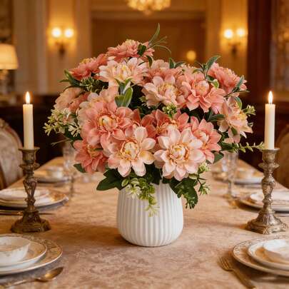 两束逼真的仿真丝大丽花。适用于婚礼、家居、花园、露台、墙面、客厅、卧室、办公室和户外装饰，以及餐桌摆饰、DIY花束、花瓶填充物和家居装饰。