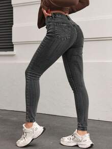 Skinny Cargo Jeans, Washed, Stretchy, With Multiple Buttoned Pockets, Butt-Lifting Effect, Tummy Control And Fitted Cuffs - Black Ash Water Wash - View 5