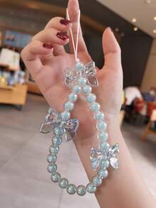Bow Knot Phone Lanyard Wrist Strap Short Chain Pendant, Crystal Beaded Charm Accessory, Universal - Multicolor - View 3