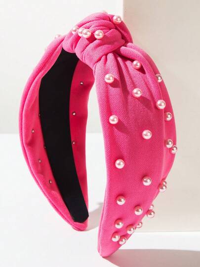 1pc Magenta Fabric Headband, Elegant Korean Style, Minimalist Fashion, Pearl Decor, Fresh & Sweet, Suitable For Women Outfit In Spring And Summer