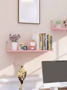 1pc (Hook Included) Partition Shelf, Wallmount Floating Shelf, No Drilling Required, Wall Decor For Bedroom, Study, Living Room, Bathroom, Kitchen, Wooden Storage Rack - Pink - View 3