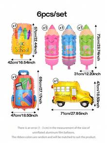 6pcs/Set Back To School Party Decoration Balloon Set, Pink Pencil/Green Pencil/Blue Pencil/School Bus/Crayon Box/Backpack Shaped Foil Balloons, Suitable For Classroom And School Decor - View 2