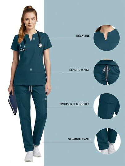 Bộ đồng phục y tá nữ 2 món, áo và quần có túi, quần áo làm việc trong phòng mổ, phòng điều dưỡng, thẩm mỹ viện.