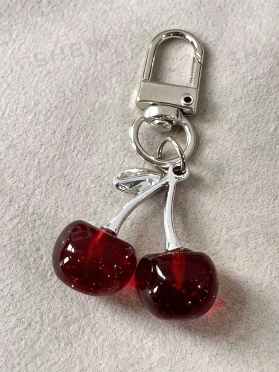 New Shiny Faux Cherry Keychain, Fashionable Delicate 3D Fruit Bag Charm, Phone Lanyard And Car Key Chain - Burgundy - View 1