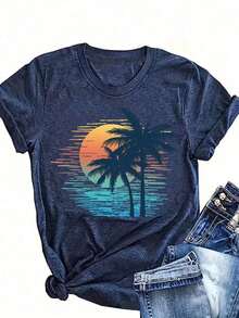 Trending 2026 Women's Printed Casual T-Shirt  Vintage Tropical Sunset Summer Short-Sleeved Shirt, Women T-Shirt Graphic Tees Women Tops Cute Summer Tops,Country Concert Outfit - 藍色 - 查看 5