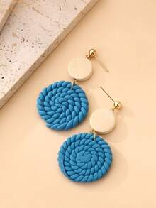 1 Pair Handmade Woven Wooden Earrings, Vintage Textured Earrings, Versatile Accessory For Commuting, Vacation, Countryside Outing, Artisan Market, Daily Wear, Retro/Boho/Nature Style - Blue - View 9