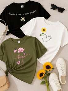 Kit 3 Blusas Femininas Camiseta 100% Algodão Estampadas – Moda Casual P M G GG Conforto e Estilo - Preto/ Verde / Branco - Visão 1
