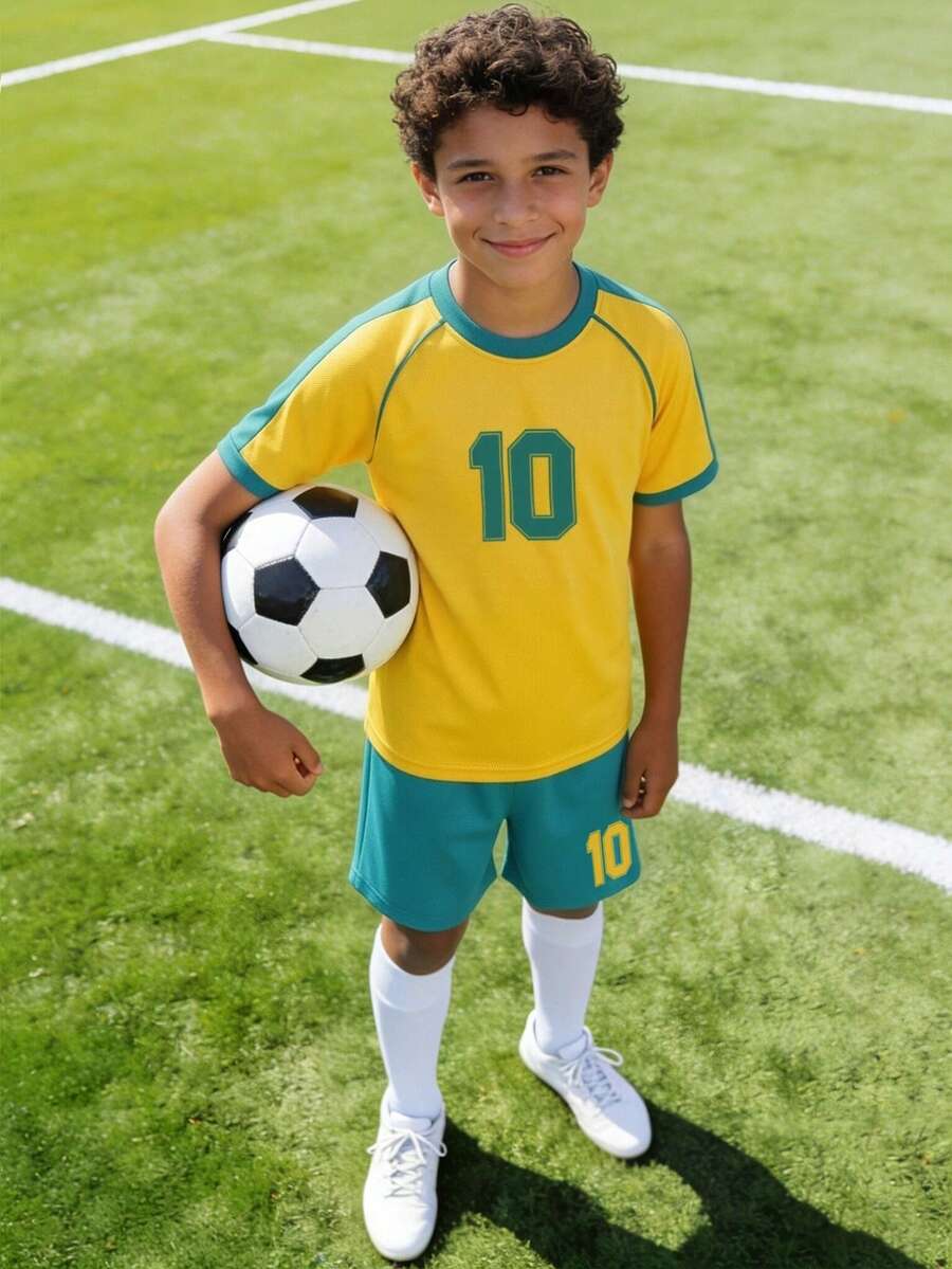 2pcs/Set Boys' & Teens' Size 10 Football Jersey & Shorts Set, Children's Sports Style Short Sleeve Outfit, World Cup - Multicolor - View 1