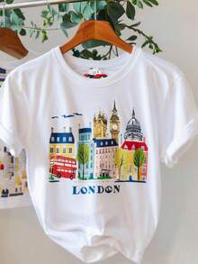 1 Women's Short-Sleeve T-Shirt With London Landmark Print - Round Neck Blouse With Icon Design |   Machine Washable White Blouse, Ideal For Travel And Casual Wear, Essential For Spring And Summer Wardrobe-Lightweight - [白色的] - 查看 1