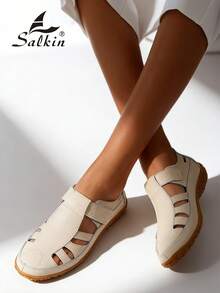 Sandal Musim Panas Wanita dengan Penutup Kait dan Loop, Desain Minimalis Ujung Tertutup untuk Kenyamanan Saat Beraktivitas di Luar Ruangan - Krem - View 10