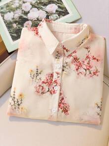 小码女士夏季印花短袖衬衫，半透明无弹力涤纶面料，开襟纽扣设计，适合日常休闲及度假穿着。 - 杏色 - 查看 6