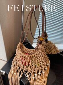 流苏串珠肩带钩编水桶包 春夏沙滩泳装节度假 - 卡其色 - 查看 12