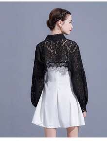 1件女士时尚蕾丝睫毛边长袖披肩上衣，短款半透明衬衫，带可拆卸领子 - 黑色 - 查看 2