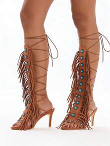 Women's Knee High Sandals High Heel Strappy Gladiator Shoes Fashion Fringe Tassels Lace-Up Sandalas Suede Open Toe With Stones Summer Shoes Beach Party Vacation Comfortable Shoes - màu nâu - Xem 6