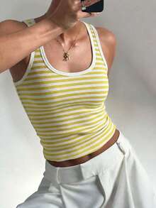 Áo tank top không tay kẻ sọc phối màu Vaiaye dành cho nữ, áo hai dây cổ tròn dệt kim cho mùa hè, áo thun hở lưng gợi cảm cho kỳ nghỉ lễ Ngày Thánh Patrick, phù hợp để đi làm hàng ngày. - Sọc vàng và trắng - Xem 4