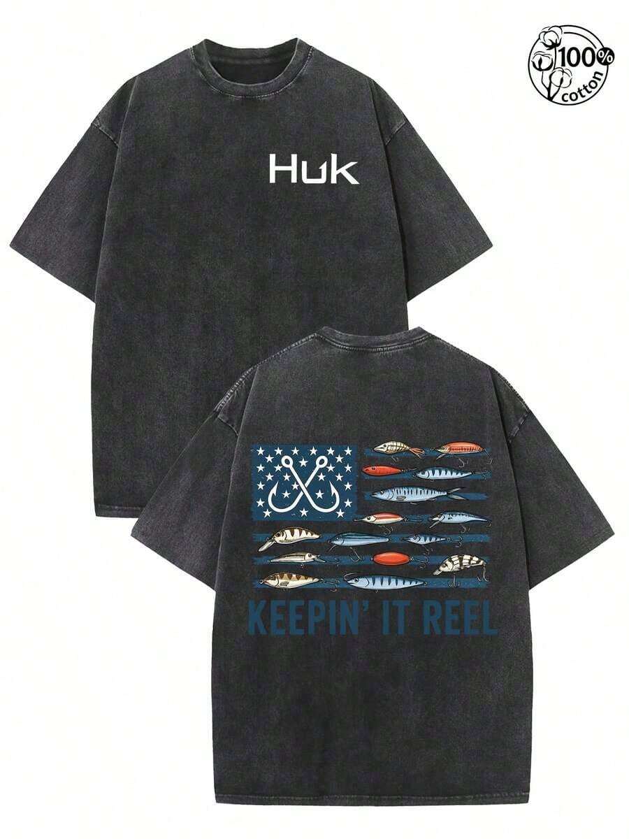 Vintage Washed Cotton Unisex Round Neck Short-Sleeve T-Shirt With Forever Chasing Sunsets Coconut Tree Sea Wave Sunset Retro Print Pattern Print Orca - 黑色 - 查看 1