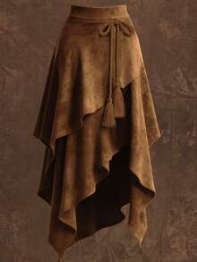 Falda casual elegante de unicolor con nudo en la cintura y estilo asimétrico, estilo europeo y americano para mujer - Marrón oscuro - Ver 3