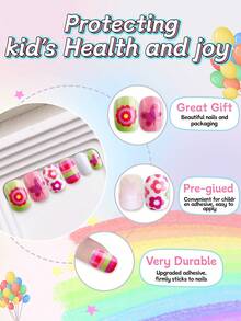 NAIO 24pcs Kids Press On Nails, Cute Flower Butterfly Plaid Pink Green Full Cover False Nails Colorful Full Cover Short False Nails For Girls, Cute Mixed Pattern Wearable Nail Kit With Storage Box & Nail File - Multicolor - View 3