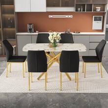 Table And Chair Set. 63" X 35.4" Luxurious White Marble-Patterned Tempered Glass Dining Table.Paired With 6 BLACK PU Material High Resilience Dining Chair With Metal Gold Leg. - Black + White+Gold + Breathable PU Leather + Glass+Metal + Seats 61 - View 3
