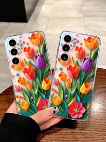 1pc Fashionable Tulip Flower Soft Phone Case, Compatible With Huawei, Honor, Galaxy, 12T, 13T - Clear - View 2