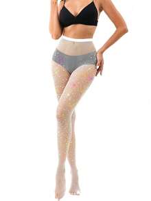 Shiny Fishnet Stockings, Fishnet Thigh High Socks, Crystal Embellished Fishnet Socks For Women - Multicolor - View 10