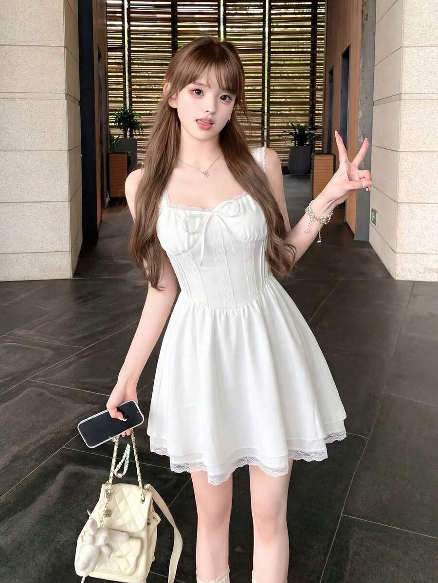 Đầm hai dây màu trắng ngọt ngào mùa hè dành cho nữ, thiết kế nơ, eo thắt, chân váy xòe bồng bềnh kiểu công chúa, thanh lịch. - trắng - Xem 1