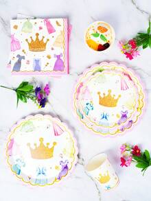 Crown And Princess Dress Petal Shaped Pink Framed Disposable Plate, Napkin And Cup Set, Plates, Napkins And Cups Party Supplies, Suitable For 24 Guests, Disposable Paper Plates Party Tableware Suitable For Birthday, Wedding, Party, Family Picnic - Style 2 - View 3