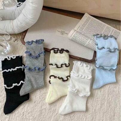 1/5双装女士荷叶边中筒袜，优雅可爱清新透气，适合搭配裙子、JK领口、乐福鞋，春夏款