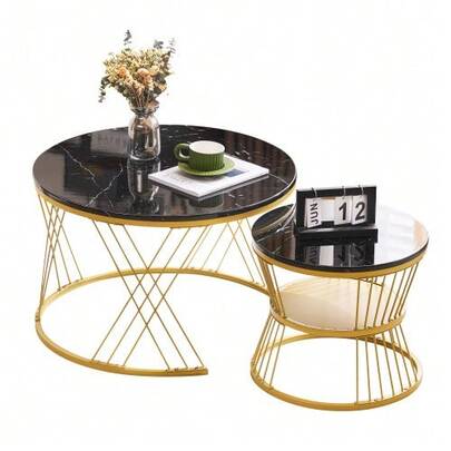 (WF319028AAA) Modern Stackable Coffee Table, High Gloss Coffee Table Set, Stackable Round Side Tables With Marble Top, Set Of 2, Gold Color Frame
