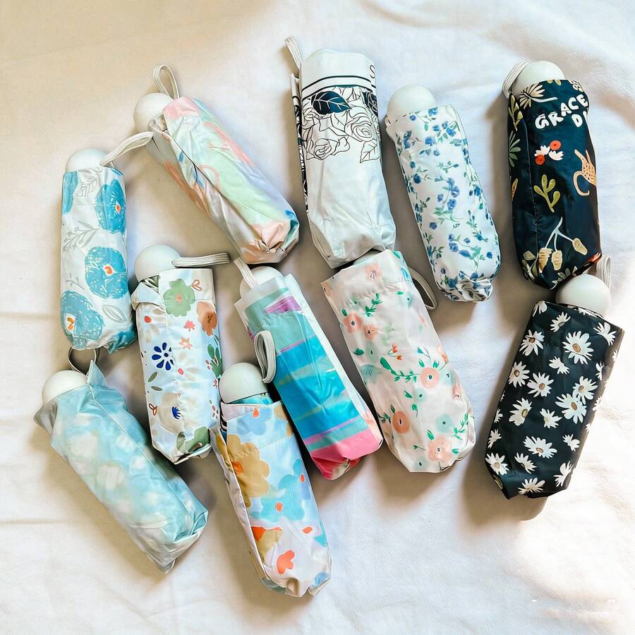 Mini Compact Ditsy Floral UV Protection Foldable Sunshade Umbrella, Suitable For Sunny And Rainy Days, Outdoor, Garden, Travel Essentials, Portable Essentials, Beach Essentials, Graduation Season, Commencement, Graduation Ceremony, Graduation Gift - Round-headed Nimi Floral Umbrella - View 1