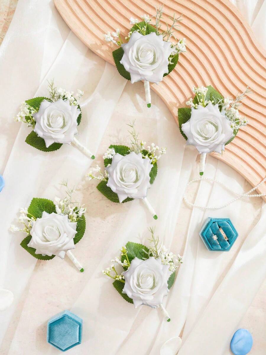 6/1件装白色玫瑰胸花，配满天星，逼真丝绸花朵翻领别针，适用于新郎、伴郎、婚礼、舞会、周年纪念、返校节和乡村秋季场合 - 白色 - 查看 1