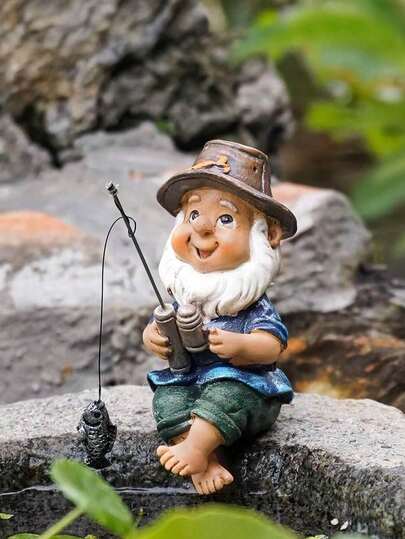 1pc Resin Fishing Gnome Statue, Decor For Outdoor Pond, Garden, Realistic Gnome Figurine, Great Gift For Gardeners, Fishermen, Leisure Garden Decor, Home Garden Gnome Decoration