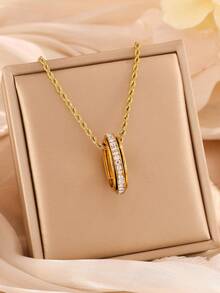 1 pieza Anillo con corazón de acero inoxidable chapado en oro de 18K con diamantes de imitación, con collar de cadena de cuerda de oro de 14K, adecuado para uso diario de mujeres, regalo de vacaciones, collar colgante de moda - collar - Ver 6