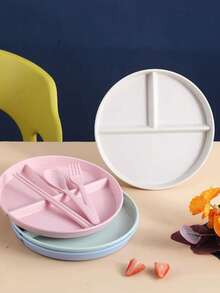 4pcs Microwave Plastic Divided Meal Plates, Round Salad Fruit Plates, Suitable For Diet Control And Weight Loss For Women And Students - Multicolor - View 3