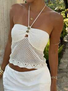 Nora Noon Women's Sexy Backless Camisole Hollow Out Knit White Crop Top, Decorated With Buttons, Suitable For Summer Vacation, Party, And Casual Daily Wear - White - View 6
